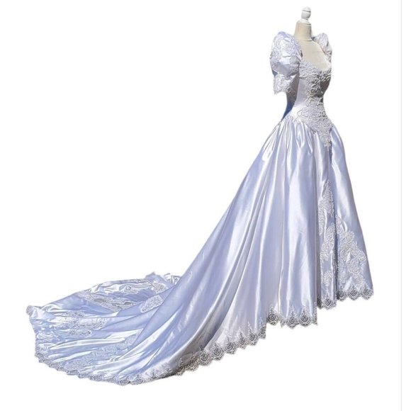 1980's Sequenced Embroidered Wedding Dress Puffy Shoulder Long Train White M/8